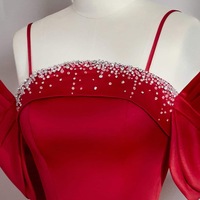 Red Satin Maxi Dress with Rhinestone Detail, Silk Spaghetti Strap Dress for Prom, Grad Party, Cocktail, Birthday or Evening Event - Thumbnail 5