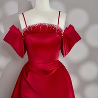 Red Satin Maxi Dress with Rhinestone Detail, Silk Spaghetti Strap Dress for Prom, Grad Party, Cocktail, Birthday or Evening Event - Thumbnail 2