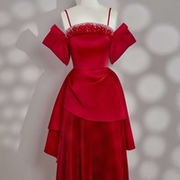 Red Satin Maxi Dress with Rhinestone Detail, Silk Spaghetti Strap Dress for Prom, Grad Party, Cocktail, Birthday or Evening Event - Thumbnail 1