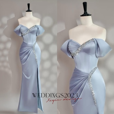 Fairy light blue beaded satin ball gown, light blue strapless evening dress, prom dress, maxi satin dress, wedding party dress, sky blye gown - Thumbnail 5