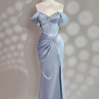 Fairy Light Blue Beaded Satin Ball Gown, Light Blue Strapless Evening Dress, Prom Dress, Maxi Satin Dress, Wedding Party Dress, Sky Blye Gown - Thumbnail 1