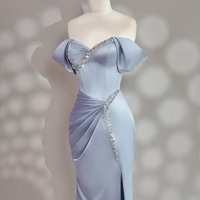 Fairy Light Blue Beaded Satin Ball Gown, Light Blue Strapless Evening Dress, Prom Dress, Maxi Satin Dress, Wedding Party Dress, Sky Blye Gown - Thumbnail 6