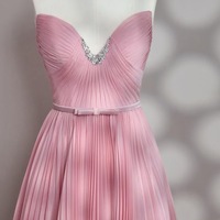 Beautiful Pink Strapless U-neck Beaded Long Dress with Beading and Detachable Sleeves - Thumbnail 5