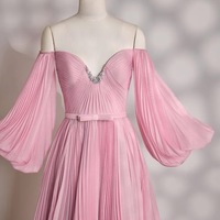 Beautiful Pink Strapless U-neck Beaded Long Dress with Beading and Detachable Sleeves - Thumbnail 7