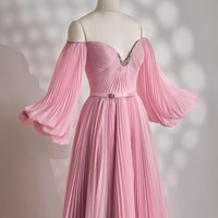 Beautiful Pink Strapless U-neck Beaded Long Dress with Beading and Detachable Sleeves - Thumbnail 8