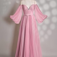 Beautiful Pink Strapless U-neck Beaded Long Dress with Beading and Detachable Sleeves - Thumbnail 1