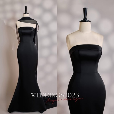 Strapless mermaid satin black dress with  shawl - elegant evening gown, formal wear for prom & weddings, luxury party dress