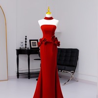 Red Off Shoulder Evening Gown Floor Length Formal Dress with Handmade Flower Elegant Long Prom Dress Wedding Guest Gala Outfit - Thumbnail 1