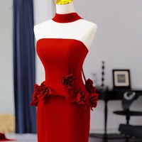 Red Off Shoulder Evening Gown Floor Length Formal Dress with Handmade Flower Elegant Long Prom Dress Wedding Guest Gala Outfit - Thumbnail 3