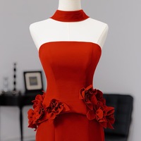 Red Off Shoulder Evening Gown Floor Length Formal Dress with Handmade Flower Elegant Long Prom Dress Wedding Guest Gala Outfit - Thumbnail 4