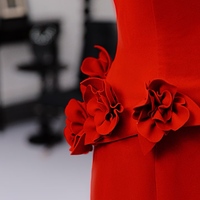 Red Off Shoulder Evening Gown Floor Length Formal Dress with Handmade Flower Elegant Long Prom Dress Wedding Guest Gala Outfit - Thumbnail 2