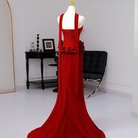 Red Off Shoulder Evening Gown Floor Length Formal Dress with Handmade Flower Elegant Long Prom Dress Wedding Guest Gala Outfit - Thumbnail 5