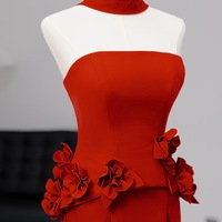 Red Off Shoulder Evening Gown Floor Length Formal Dress with Handmade Flower Elegant Long Prom Dress Wedding Guest Gala Outfit - Thumbnail 6