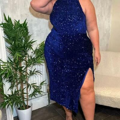 Halter long sequin blue slit dress plus size mother of bride/groom dress evening formal gown