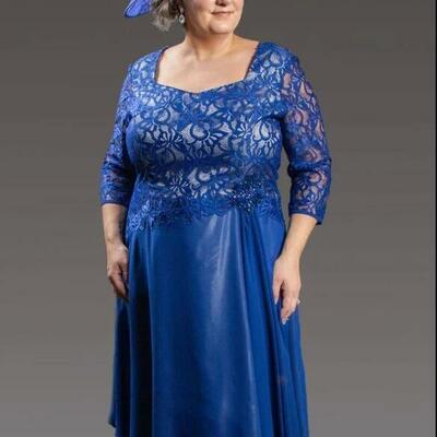 Blue midi satin lace sleeve dress plus size mother of bride/groom dress evening formal gown