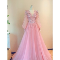 Pink Tulle Long Sleeves Prom Dresses with Appliques, Long Fluffy Sleeves Formal Evening Dress, Off Shoulder Women’s Wedding Gown - Thumbnail 1