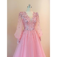 Pink Tulle Long Sleeves Prom Dresses with Appliques, Long Fluffy Sleeves Formal Evening Dress, Off Shoulder Women’s Wedding Gown - Thumbnail 2