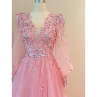 Pink Tulle Long Sleeves Prom Dresses with Appliques, Long Fluffy Sleeves Formal Evening Dress, Off Shoulder Women’s Wedding Gown - Thumbnail 4