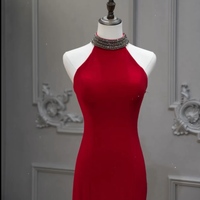 Glamorous Halter Beaded Slit Floor Length Evening Gown - Halter Neck Design, Perfect for Formal Events, Prom Dress, Long Prom Dress, Sparkly Prom Dres - Thumbnail 5