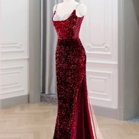 Shimmering Spaghetti Strap Sequined Mermaid Pearl Embellished Slit Prom Dress , Spaghetti Straps Evening Gown, Formal Wedding Dress,Long Prom Dress, E - Thumbnail 3