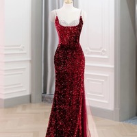 Shimmering Spaghetti Strap Sequined Mermaid Pearl Embellished Slit Prom Dress , Spaghetti Straps Evening Gown, Formal Wedding Dress,Long Prom Dress, E - Thumbnail 1