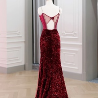 Shimmering Spaghetti Strap Sequined Mermaid Pearl Embellished Slit Prom Dress , Spaghetti Straps Evening Gown, Formal Wedding Dress,Long Prom Dress, E - Thumbnail 2