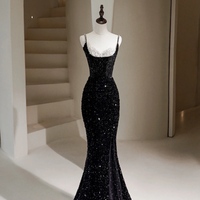 Shimmering Spaghetti Strap Sequined Mermaid Pearl Embellished Slit Prom Dress , Spaghetti Straps Evening Gown, Formal Wedding Dress,Long Prom Dress, E - Thumbnail 1