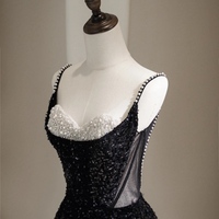 Shimmering Spaghetti Strap Sequined Mermaid Pearl Embellished Slit Prom Dress , Spaghetti Straps Evening Gown, Formal Wedding Dress,Long Prom Dress, E - Thumbnail 3