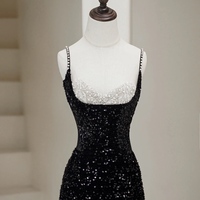 Shimmering Spaghetti Strap Sequined Mermaid Pearl Embellished Slit Prom Dress , Spaghetti Straps Evening Gown, Formal Wedding Dress,Long Prom Dress, E - Thumbnail 4