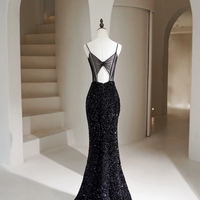 Shimmering Spaghetti Strap Sequined Mermaid Pearl Embellished Slit Prom Dress , Spaghetti Straps Evening Gown, Formal Wedding Dress,Long Prom Dress, E - Thumbnail 2