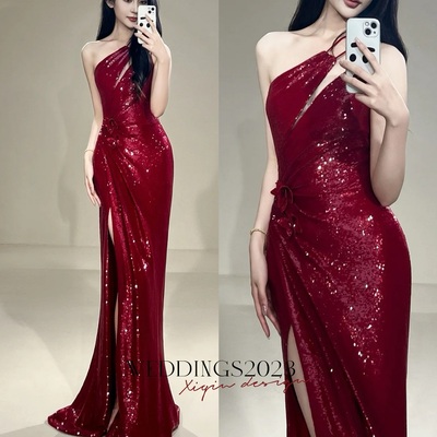 Burgundy sequin slit mermaid floor length prom dress,off the shoulder prom gown