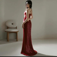 Burgundy Sequin Slit Mermaid Floor Length Prom Dress,off the shoulder prom gown - Thumbnail 2