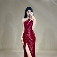 Burgundy Sequin Slit Mermaid Floor Length Prom Dress,off the shoulder prom gown - Thumbnail 3