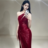 Burgundy Sequin Slit Mermaid Floor Length Prom Dress,off the shoulder prom gown - Thumbnail 4
