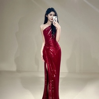Burgundy Sequin Slit Mermaid Floor Length Prom Dress,off the shoulder prom gown - Thumbnail 1