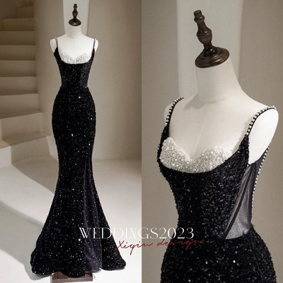 Shimmering spaghetti strap sequined mermaid pearl embellished slit prom dress , spaghetti straps evening gown, formal wedding dress,long prom dress, e - Thumbnail 5
