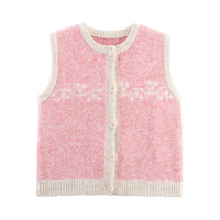 Contrast Color Jacquard Knitted Vest Autumn Fashion Round Neck Single-Breasted Loose Sweater Vest - Thumbnail 2