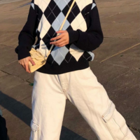 Argyle Patchwork Pullover Knit Sweater Jumper - Thumbnail 4