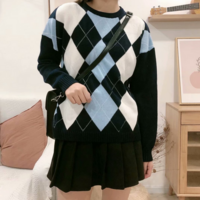 Argyle Patchwork Pullover Knit Sweater Jumper - Thumbnail 1