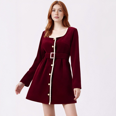 Fashionable and elegant square neck and ribbon waist dress - Thumbnail 1