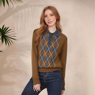 Polo collar pullover diamond check sweater top