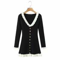 Black Hepburn style long-sleeved dress temperament hip skirt - Thumbnail 1