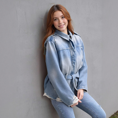 Fashionable denim belted jacket
