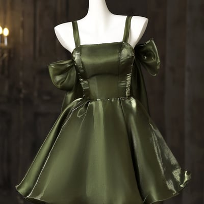 A-line spaghetti strap short prom dress, olive green party dress - Thumbnail 1