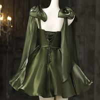 A-Line Spaghetti Strap Short Prom Dress, Olive Green Party Dress - Thumbnail 1