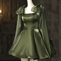 A-Line Spaghetti Strap Short Prom Dress, Olive Green Party Dress - Thumbnail 2