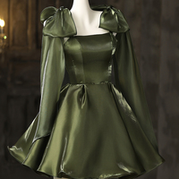 A-Line Spaghetti Strap Short Prom Dress, Olive Green Party Dress - Thumbnail 3