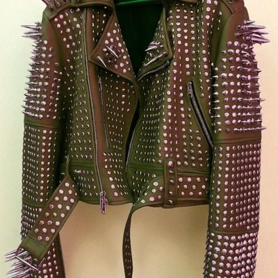 Crafted leather new classic awesome handmade women's brown color studded brando metal spiked leather round studs jacket