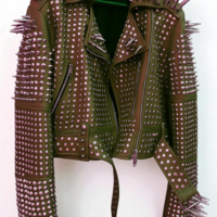 Crafted Leather New Classic Awesome Handmade Women's Brown Color Studded Brando Metal Spiked Leather Round Studs Jacket - Thumbnail 1