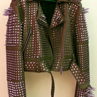 Crafted Leather New Classic Awesome Handmade Women's Brown Color Studded Brando Metal Spiked Leather Round Studs Jacket - Thumbnail 2